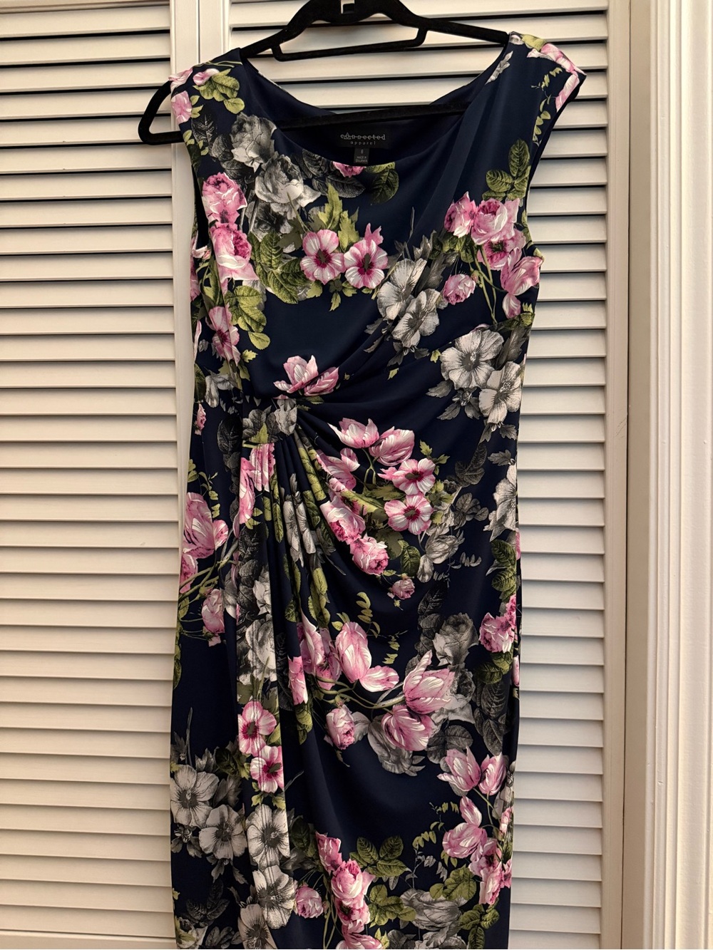 connected apparel Navy Floral Twist-Detail Midi Dress with Pink and White Blooms